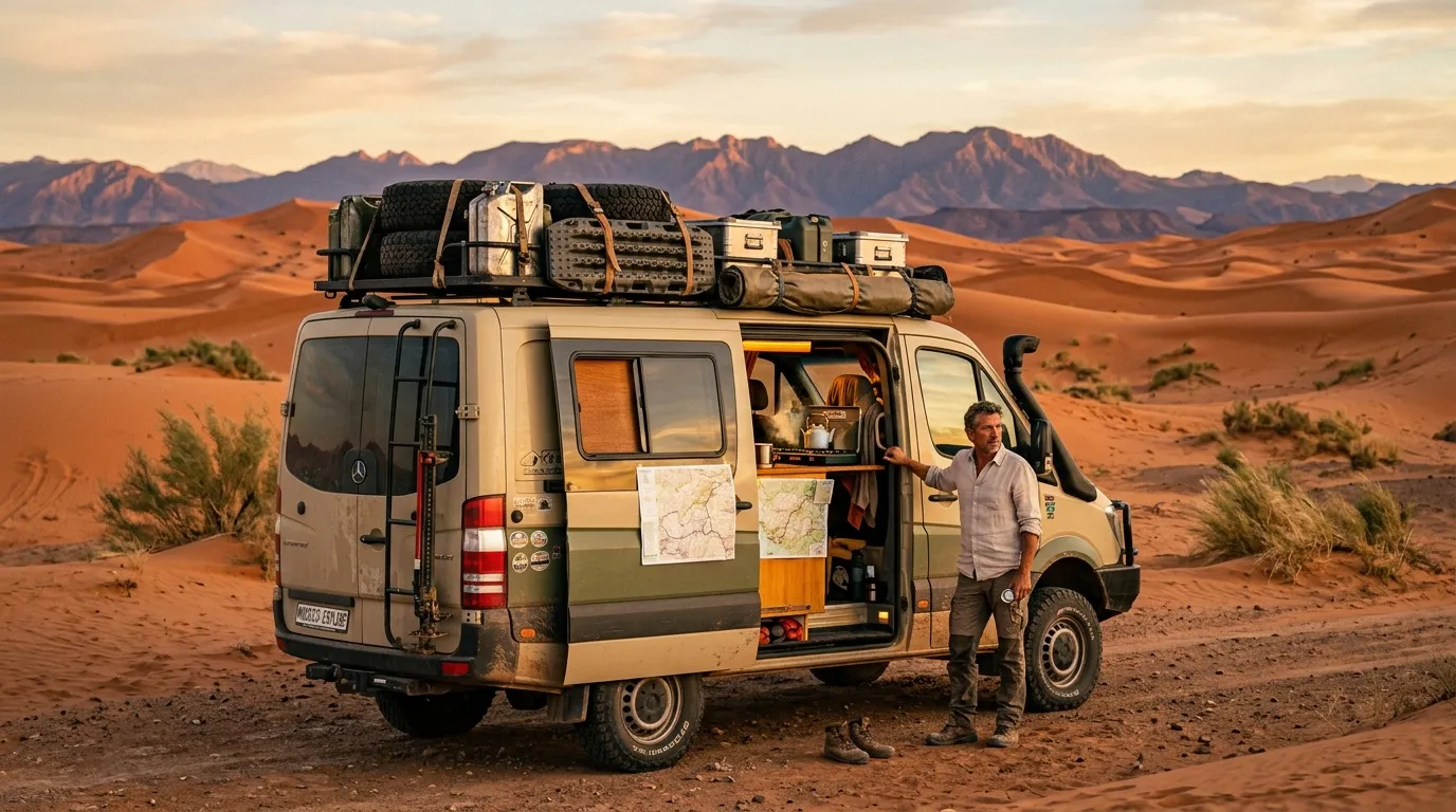Voyageur près d’un camping-car dans un paysage désertique en journée