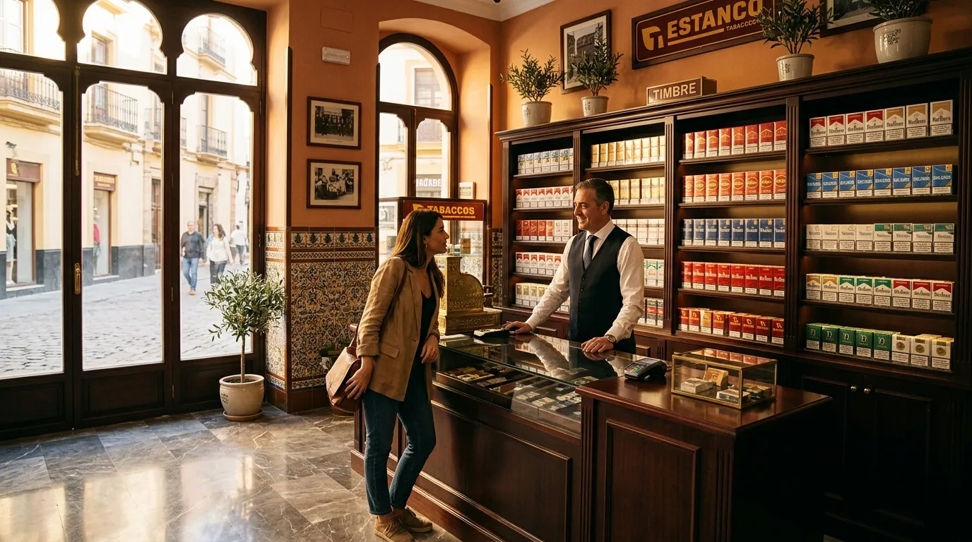 Une cliente échange avec un vendeur dans une boutique de tabac aux rayonnages remplis de paquets.