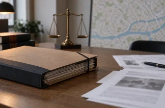 Un dossier judiciaire abstrait et une carte urbaine floutée reposent sur une table neutre.