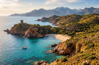 Baie turquoise avec tour génoise, montagnes et voilier