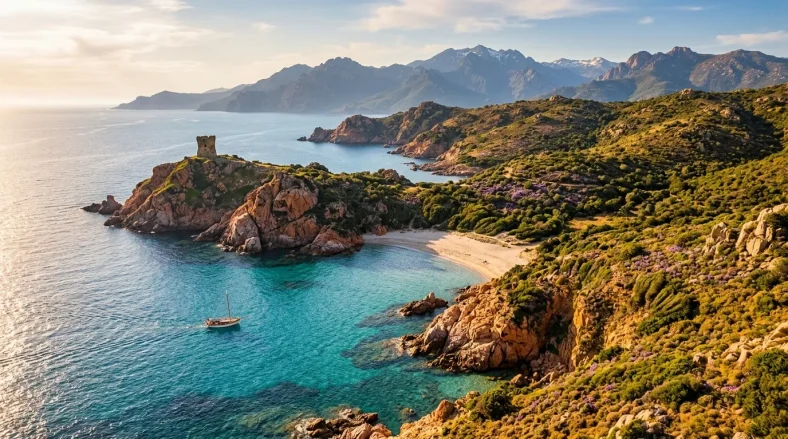 Baie turquoise avec tour génoise, montagnes et voilier