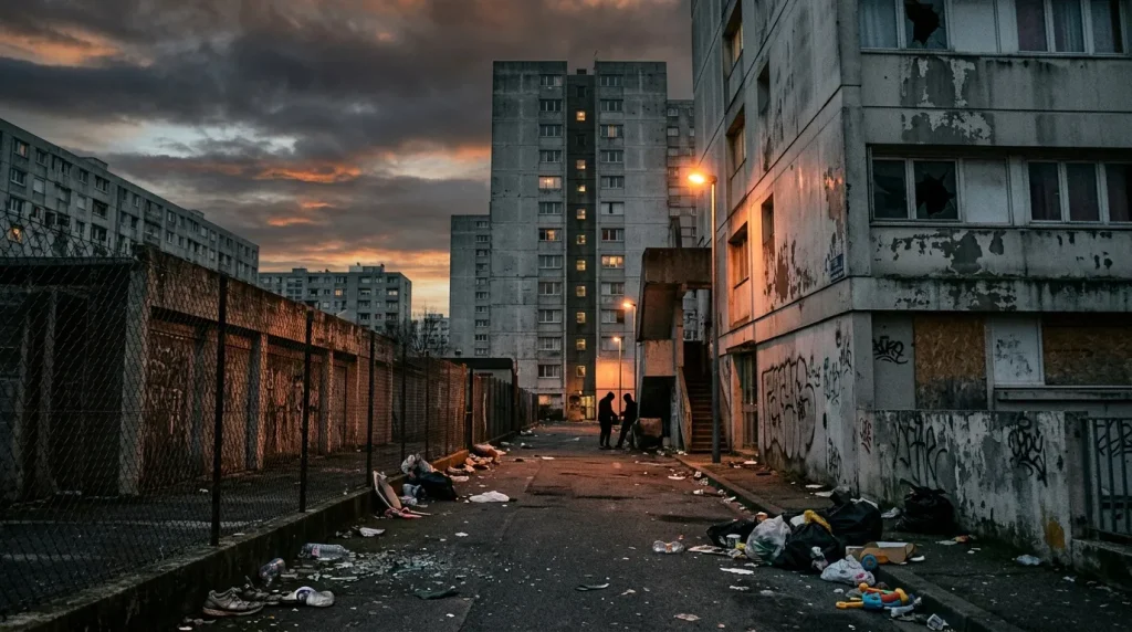 Rue délabrée entre immeubles soviétiques au coucher du soleil