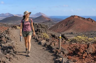Randonneuse équipée suivant un sentier balisé dans un paysage volcanique calme