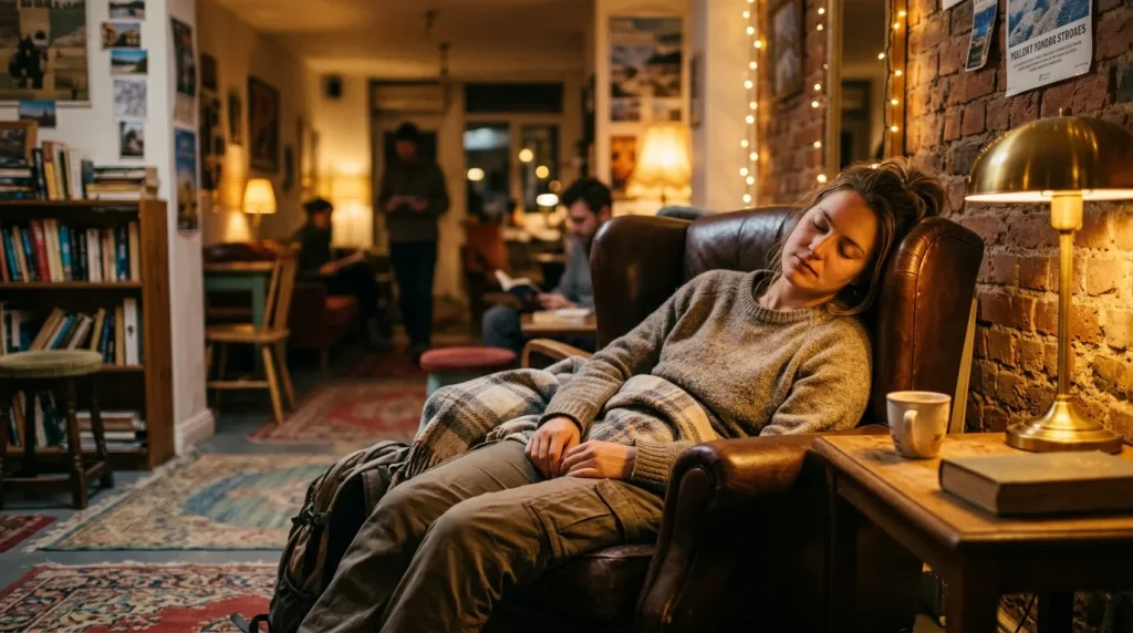 Femme endormie dans un fauteuil en cuir, bibliothèque cozy