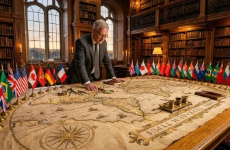 Homme en costume examine une ancienne carte entourée de drapeaux
