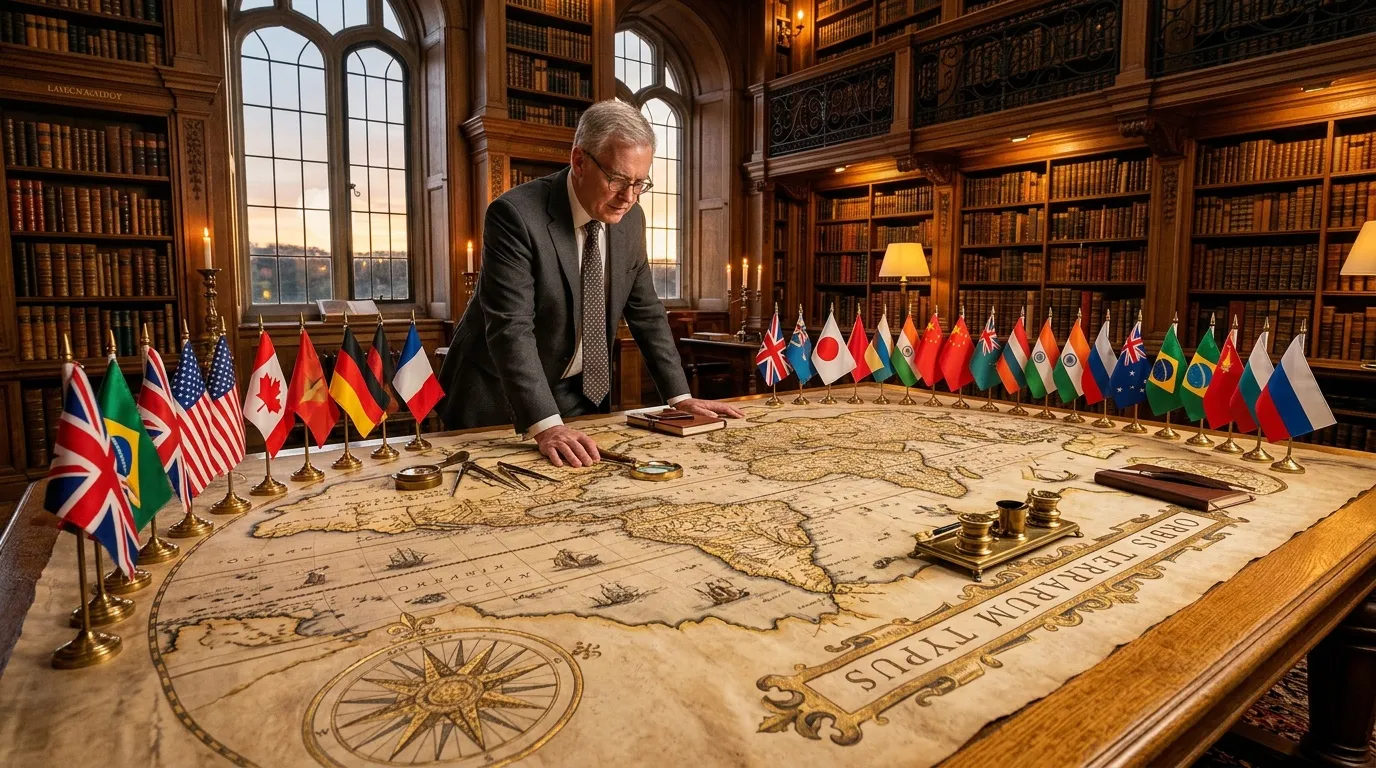 Un homme examine une grande carte ancienne entourée de nombreux petits drapeaux nationaux.