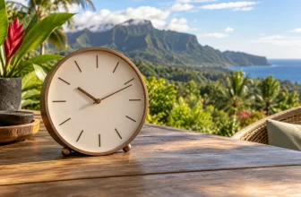 Une horloge analogique générique se détache devant un paysage tropical non localisé.