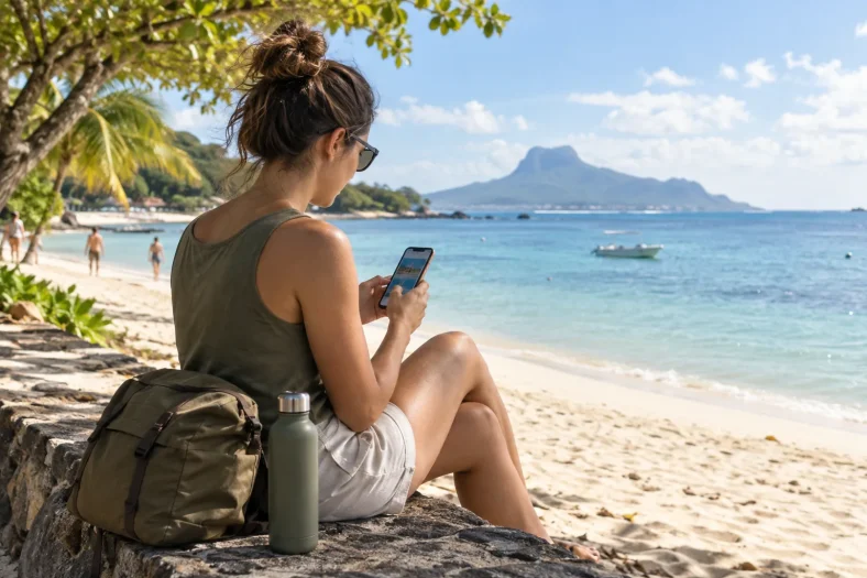 Voyageur consultant des conseils sur un téléphone illisible près d’une plage calme