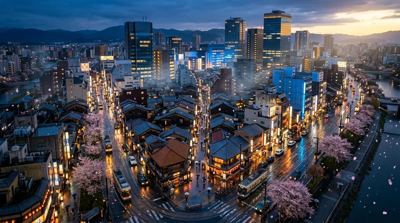 Vue aérienne d’une ville japonaise au crépuscule