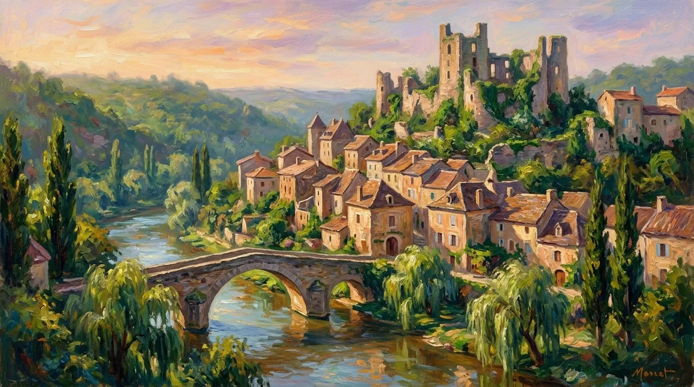 Peinture d'un village ancien, de ruines et d'un pont de pierre au bord d'une rivière.