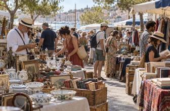 Visiteurs parcourant les étals d’un marché aux puces méditerranéen en journée