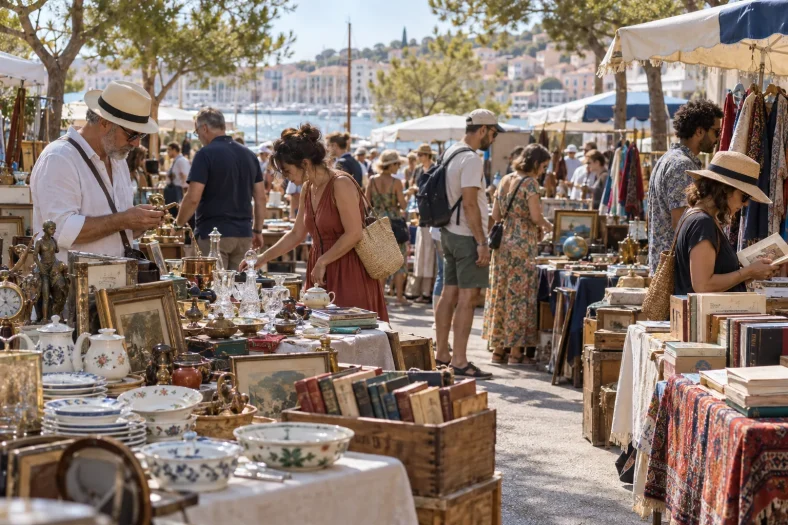 Visiteurs parcourant les étals d’un marché aux puces méditerranéen en journée