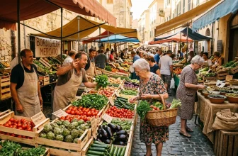 Marché coloré avec vendeurs et clients achetant des légumes frais