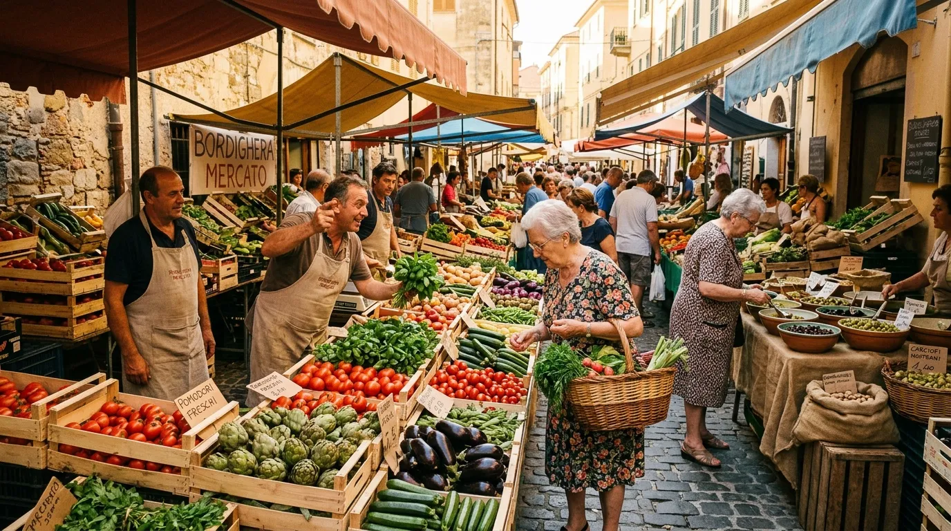 Clients et vendeurs autour d'étals de légumes dans un marché de rue très fréquenté.