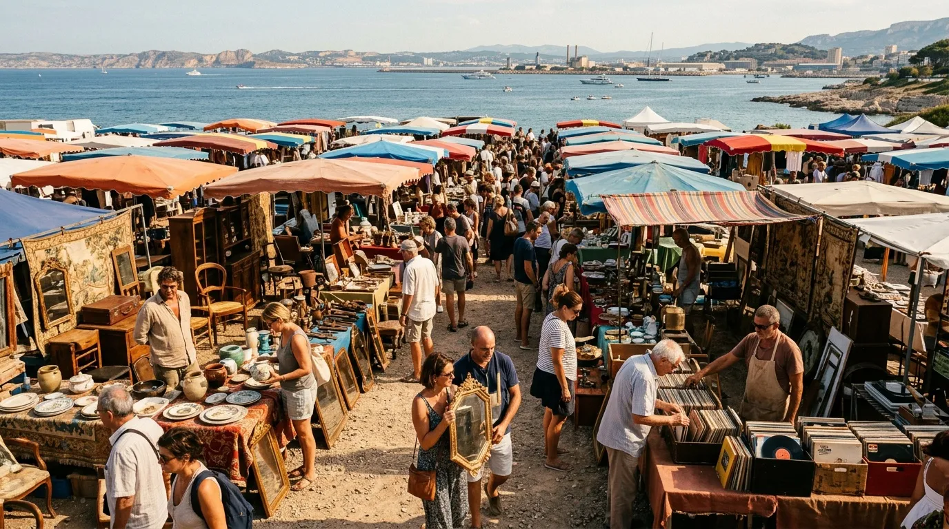 Allées animées d’un marché aux puces méditerranéen en journée