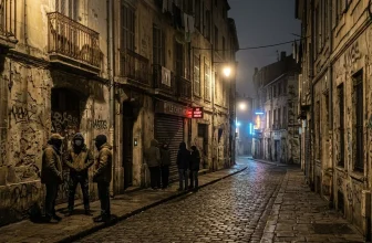 Rue pavée parisienne la nuit avec bâtiments anciens et personnes