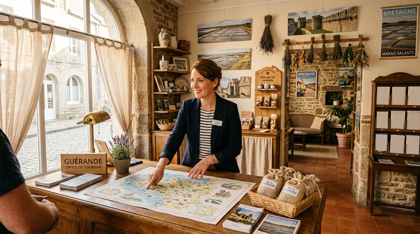 Conseillère renseignant une visiteuse dans un bureau touristique générique