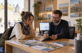 Voyageuse et conseiller préparent une visite devant un ordinateur à l’écran illisible dans un bureau touristique générique