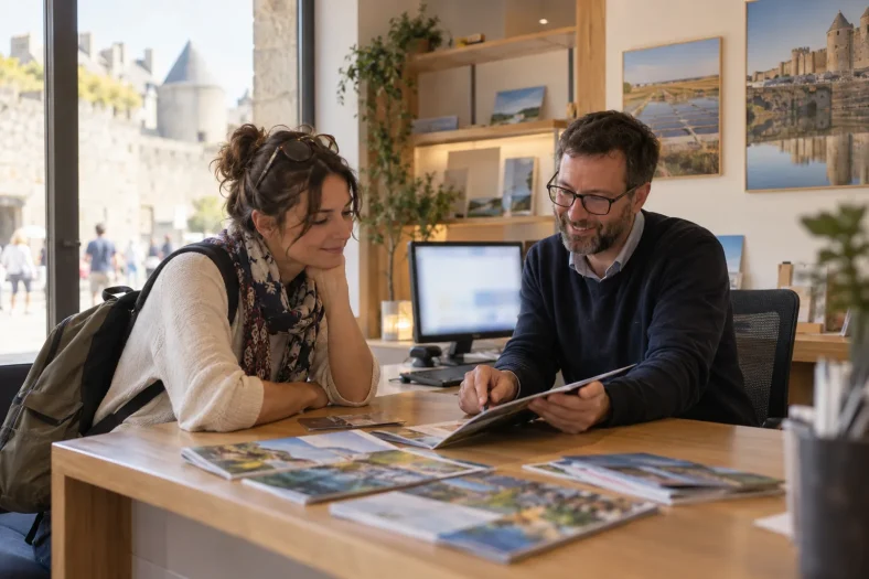 Voyageuse et conseiller préparent une visite devant un ordinateur à l’écran illisible dans un bureau touristique générique
