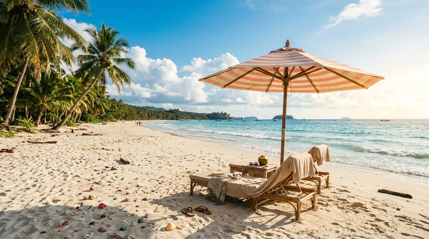 Plage tropicale calme avec transat et parasol