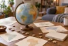 Un globe et des cartes vierges sont disposés pour un jeu de géographie.