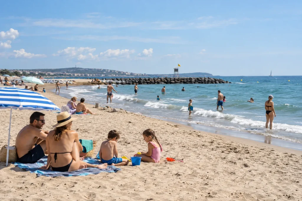 Baigneurs prudents sur une plage méditerranéenne calme avec sécurité générique au loin