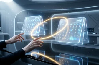 Mains interagissant avec calendriers holographiques 2024 et 2030