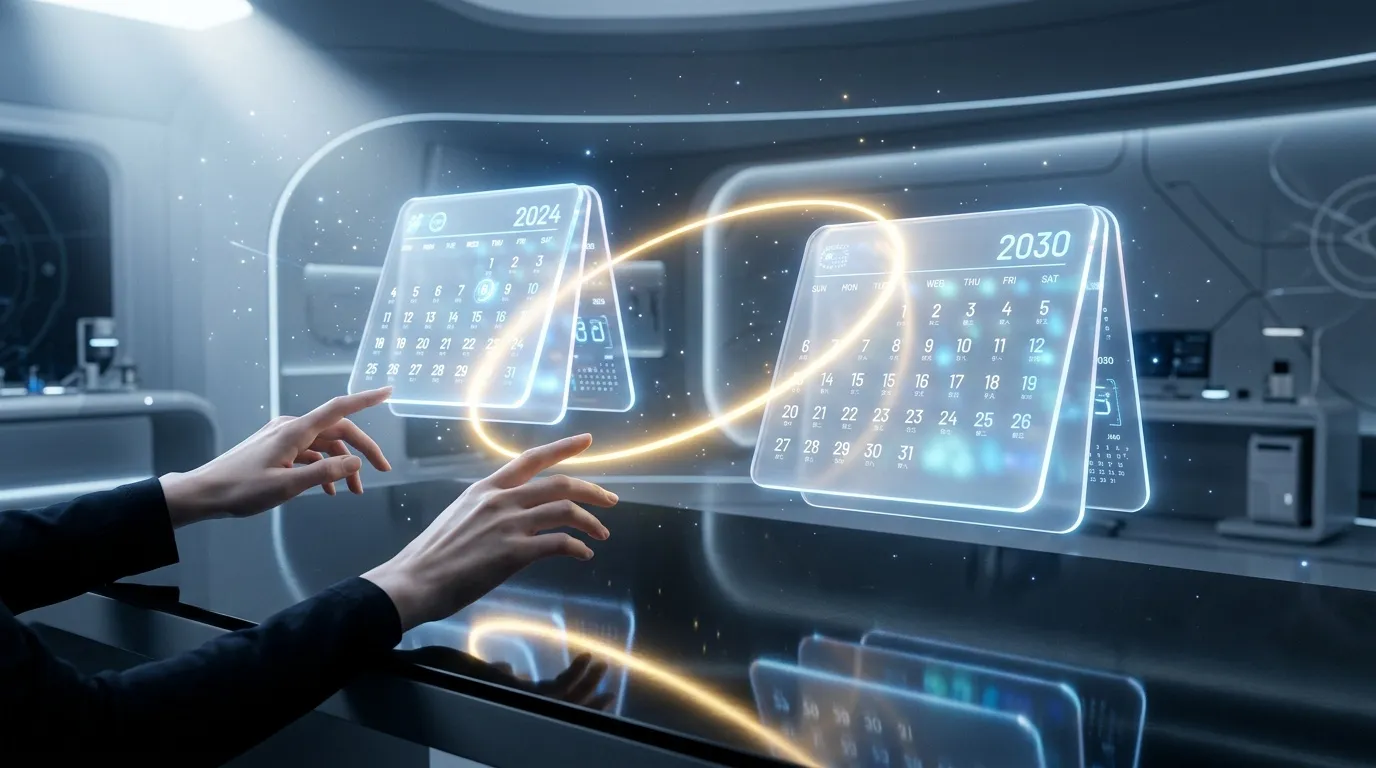 Deux mains devant des calendriers numériques futuristes affichant les années 2024 et 2030.