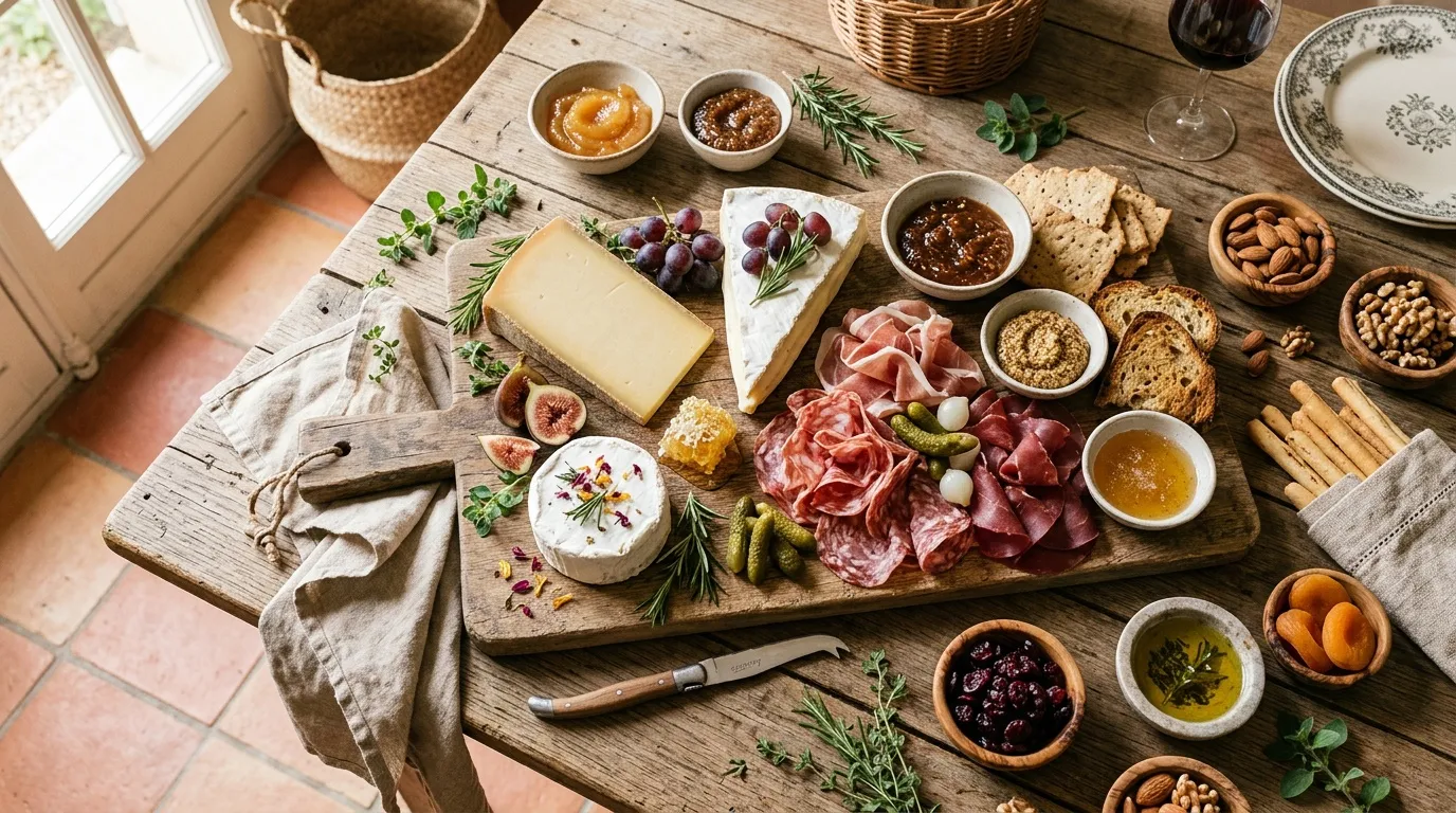 Assortiment de charcuteries, fromages et accompagnements sur une table