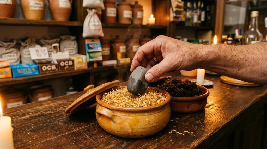 Main broyant du tabac dans un mortier en bois
