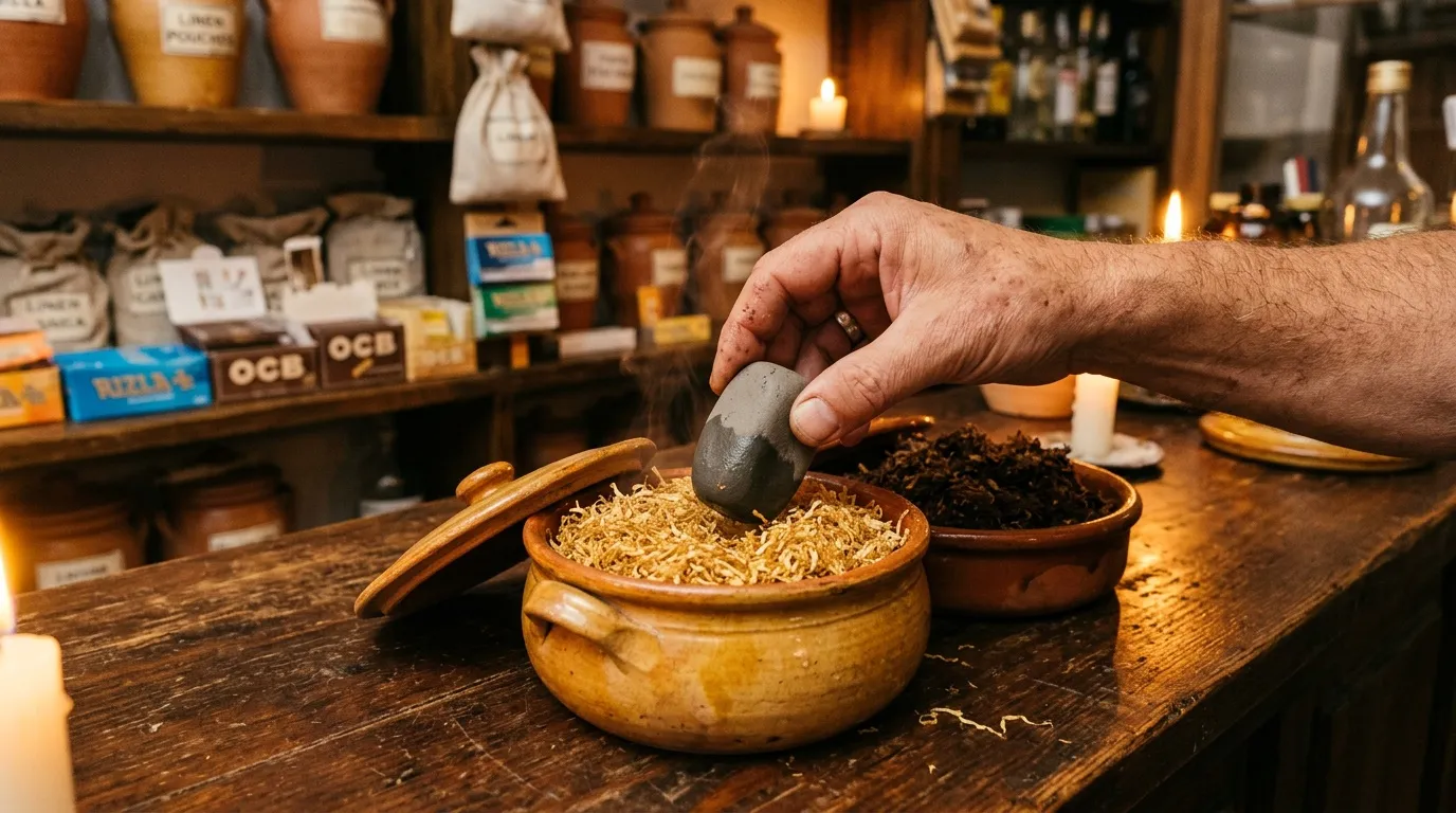 Une main utilise une pierre humidificatrice au-dessus de tabac en vrac dans un pot en terre.