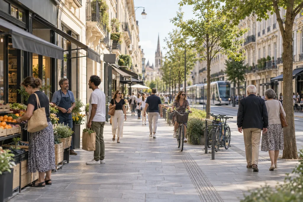 Rue résidentielle diverse et arborée en journée avec habitants et vélos
