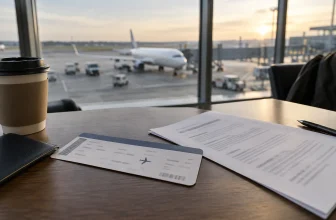 Un billet aérien générique illisible est posé devant un avion neutre vu depuis un aéroport.
