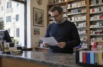 Adulte consultant une liste illisible devant un comptoir de tabac générique aux paquets neutres