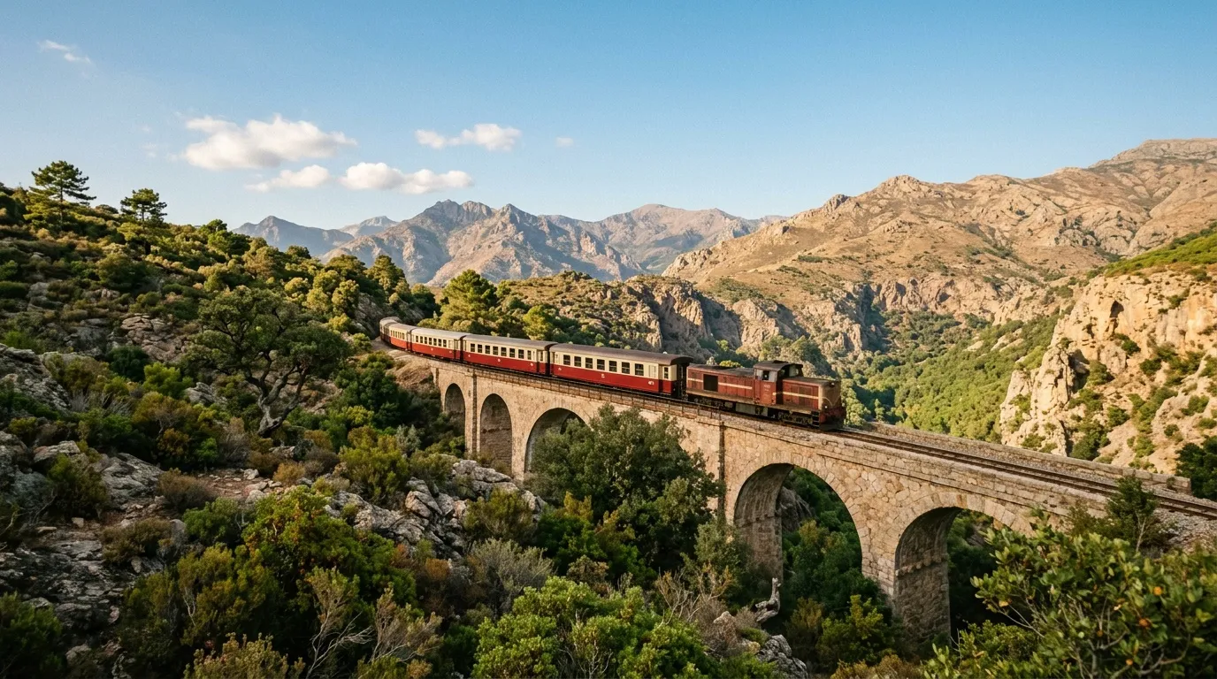 Un train rouge traverse un viaduc en pierre dans un paysage montagneux.