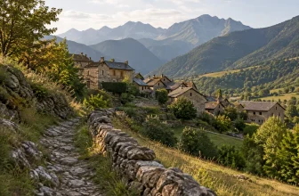 Un petit village de pierre générique apparaît au pied de montagnes pyrénéennes.