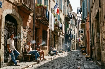 Hommes assis dans une ruelle pavée de Marseille avec drapeaux français