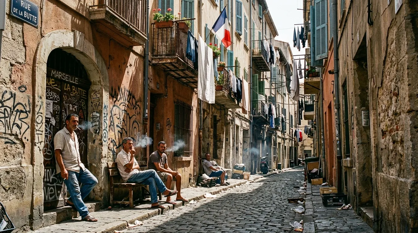 Quatre hommes dans une ruelle ancienne bordée de façades, de linge suspendu, de graffitis et de drapeaux français.