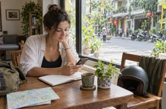 Voyageuse préparant sereinement un trajet de journée avec carnet, téléphone et casque posé
