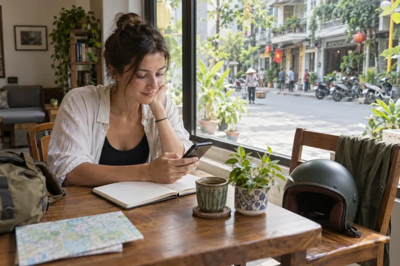 Voyageuse préparant sereinement un trajet de journée avec carnet, téléphone et casque posé
