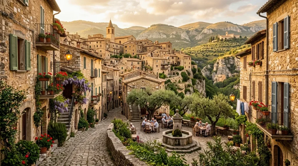 Rue pavée d'un village italien avec maisons en pierre et montagnes