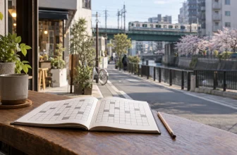 Carnet de jeu vierge devant un paysage urbain japonais générique en journée