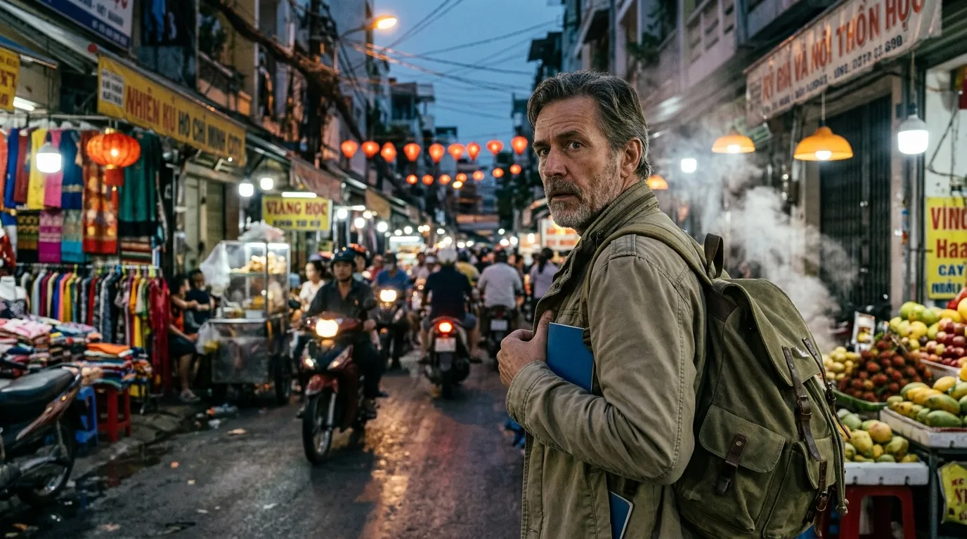 Voyageur dans un marché urbain asiatique animé en journée