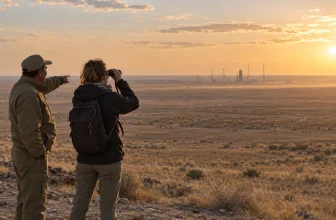 Deux voyageurs observent au loin une installation spatiale dans la steppe kazakhe.