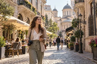 Une voyageuse parcourt une rue historique de Bucarest avec un appareil photo.