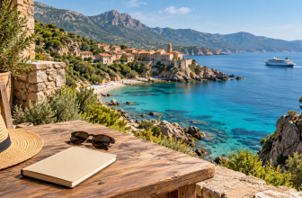 Vue du littoral corse avec un ferry et un carnet de voyage