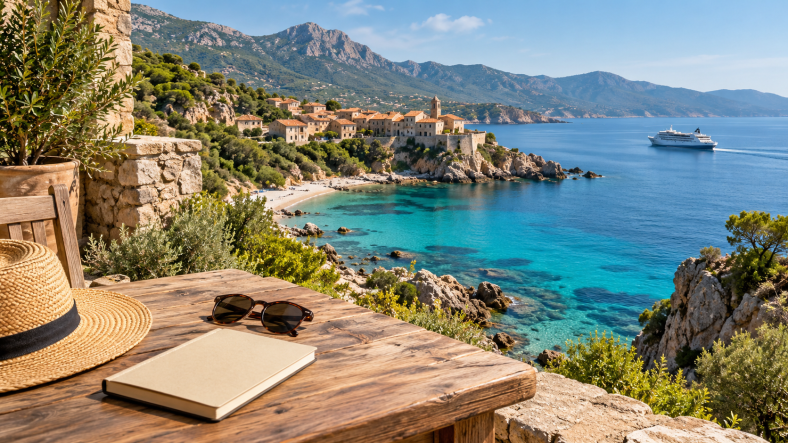 Vue du littoral corse avec un ferry et un carnet de voyage