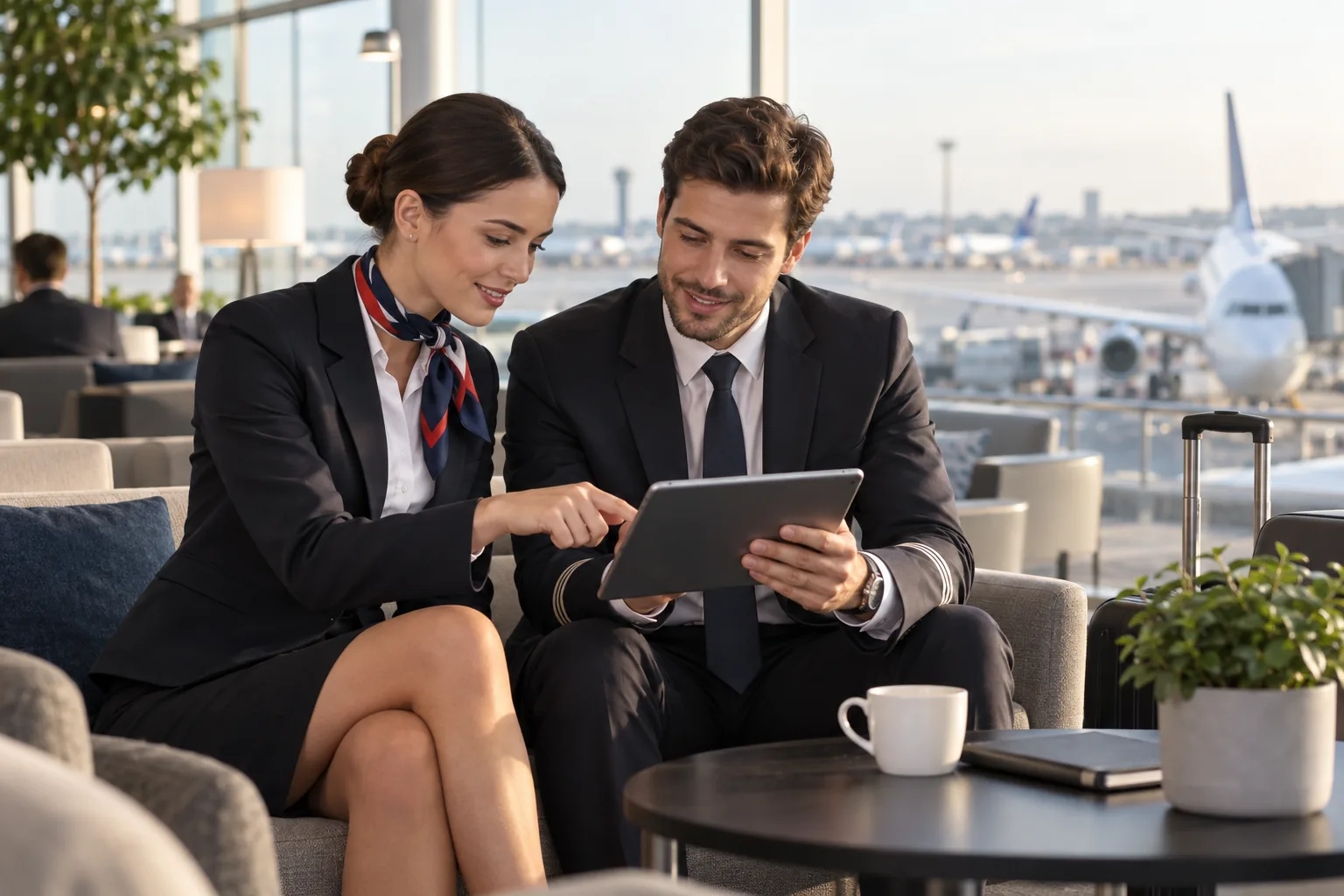Deux membres de personnel navigant consultent une tablette dans un aéroport.