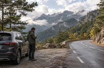 Un automobiliste consulte la météo avant de franchir un col montagneux boisé en Corse.