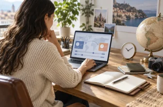 Une voyageuse compare des horaires sur un ordinateur près d’une horloge et d’un globe.